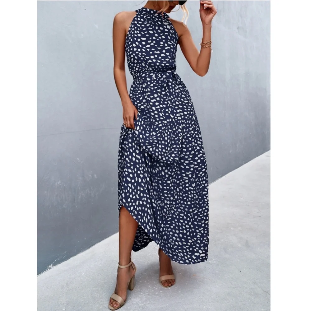 Spotted Print Maxi Dress Tie Belt High Neck - Picture 4 of 15